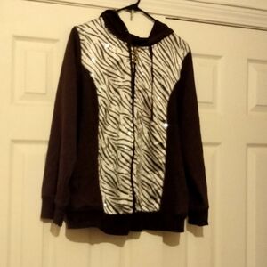 Lane Bryant Jacket Women 14/16 Brown & White Zebra Print Hoodie Sequin Academia